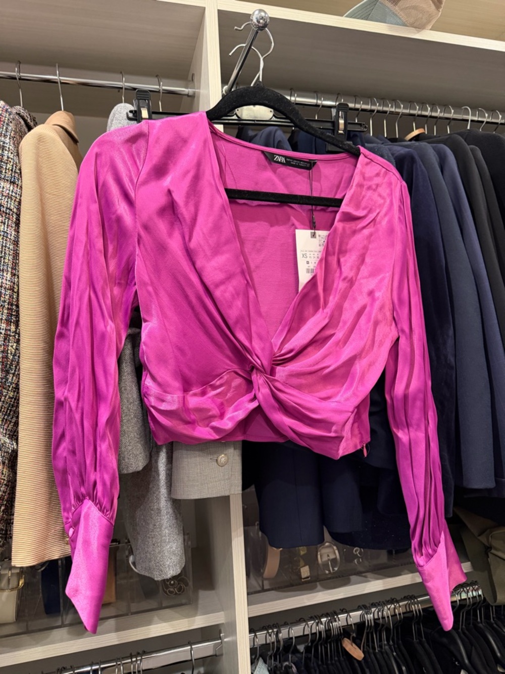 Zara Fuchsia Satin Twist-Front Long Sleeve Crop Top